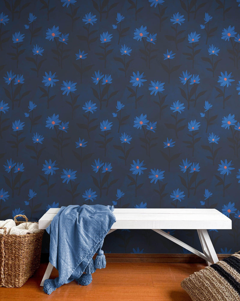 Blue Color Flower Wall Mural Pattern. Dark Navy Blue Background.