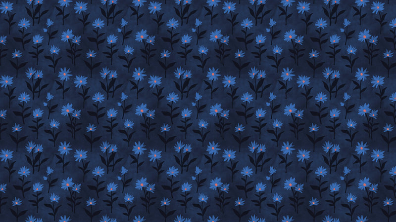 Blue Color Flower Wall Mural Pattern. Dark Navy Blue Background.