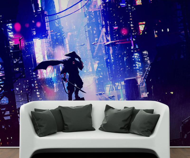 Japanese Samurai in Cyberpunk Futuristic City of Japan Wall Mural.