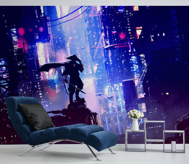 Japanese Samurai in Cyberpunk Futuristic City of Japan Wall Mural.