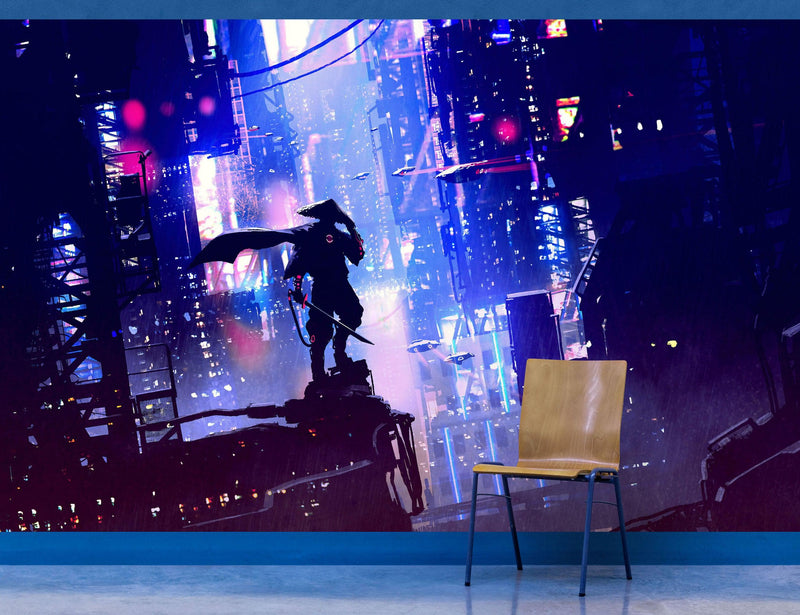 Japanese Samurai in Cyberpunk Futuristic City of Japan Wall Mural.