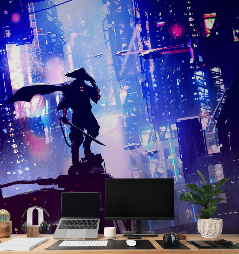 Japanese Samurai in Cyberpunk Futuristic City of Japan Wall Mural.