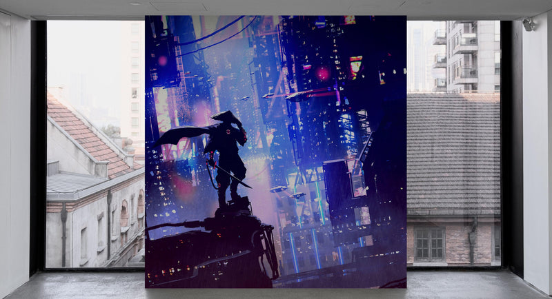 Japanese Samurai in Cyberpunk Futuristic City of Japan Wall Mural.