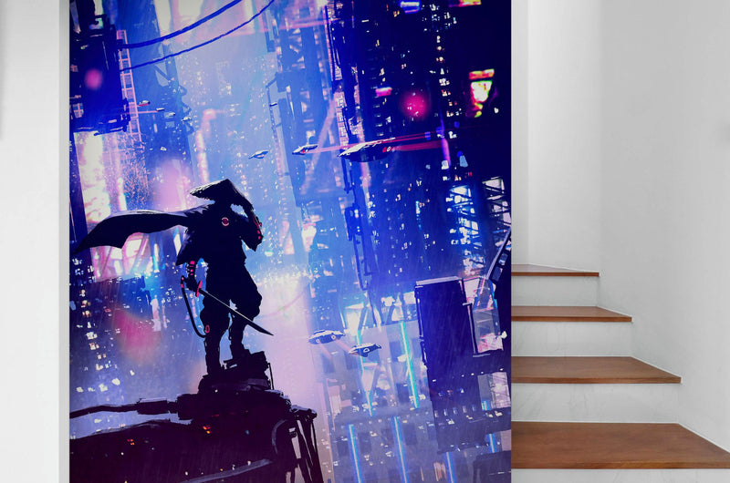 Japanese Samurai in Cyberpunk Futuristic City of Japan Wall Mural.