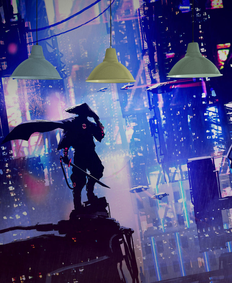 Japanese Samurai in Cyberpunk Futuristic City of Japan Wall Mural.