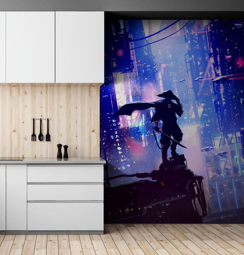 Japanese Samurai in Cyberpunk Futuristic City of Japan Wall Mural.