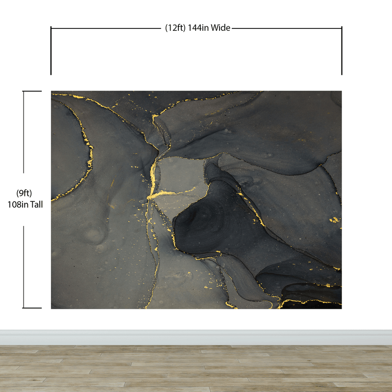 Abstract Black and Gold Agate Marble Stone Pattern Wall Mural. Removable Peel and Stick Wallpaper.