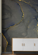 Abstract Black and Gold Agate Marble Stone Pattern Wall Mural. Removable Peel and Stick Wallpaper.