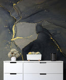 Abstract Black and Gold Agate Marble Stone Pattern Wall Mural. Removable Peel and Stick Wallpaper.