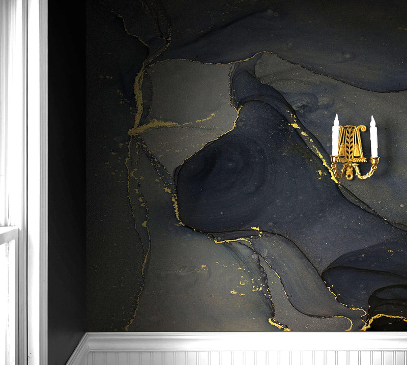 Abstract Black and Gold Agate Marble Stone Pattern Wall Mural. Removable Peel and Stick Wallpaper.
