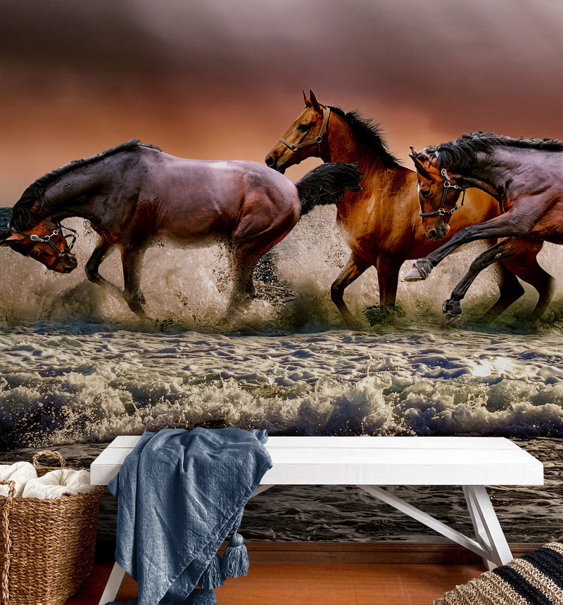 Wild Horses Galloping on Beach Wall Mural. Peel and Stick Wallpaper.