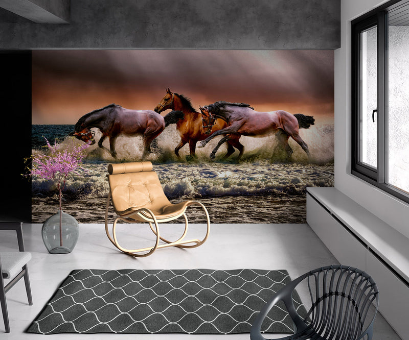 Wild Horses Galloping on Beach Wall Mural. Peel and Stick Wallpaper.