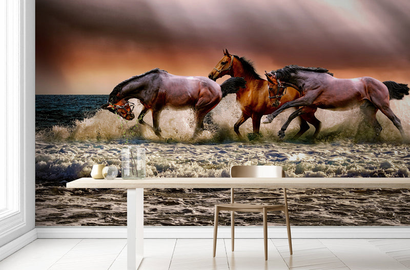 Wild Horses Galloping on Beach Wall Mural. Peel and Stick Wallpaper.