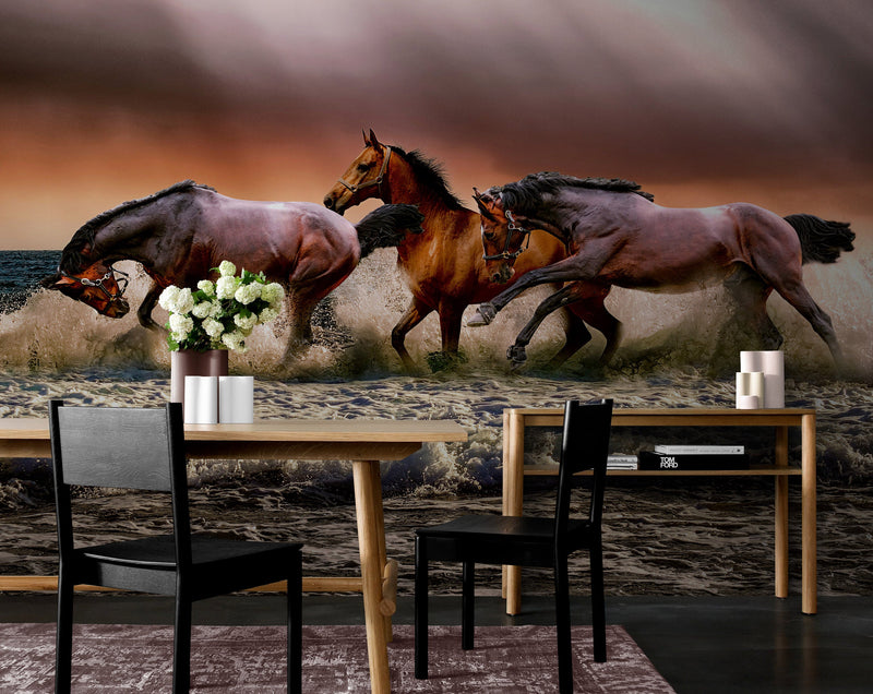 Wild Horses Galloping on Beach Wall Mural. Peel and Stick Wallpaper.