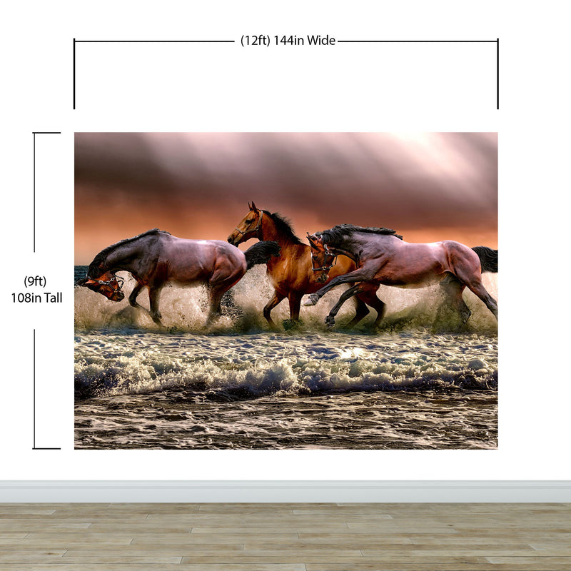 Wild Horses Galloping on Beach Wall Mural. Peel and Stick Wallpaper.