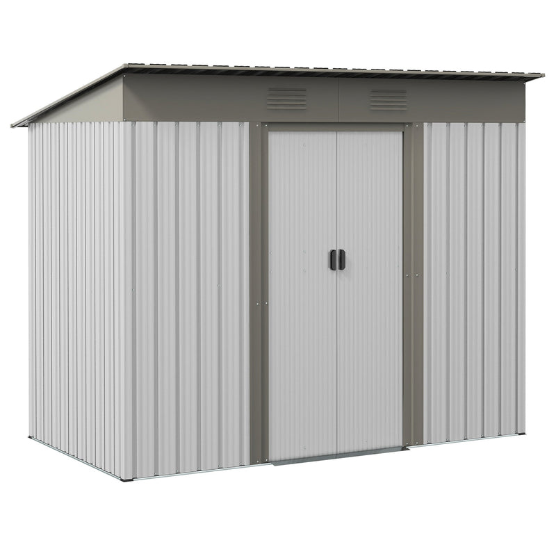 7' x 4' Metal Lean to Garden Shed, Outdoor Storage Shed, Garden Tool House with Double Sliding Doors, 2 Air Vents for Backyard, Patio, Lawn, Silver