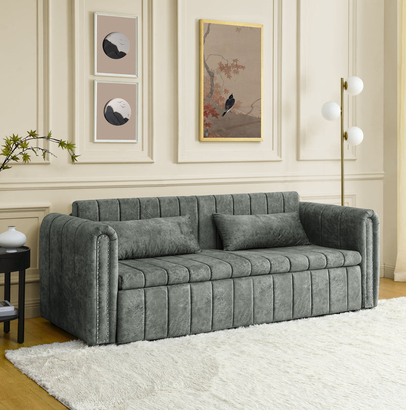 3 in 1 Pull-Out Bed Sleeper, Modern Upholstered 3 Seats Lounge Sofa & Couches with Rolled Arms Decorated with Copper Nails, Convertible Futon 3 Seats Sofabed with Two Drawers and Two Pillows
