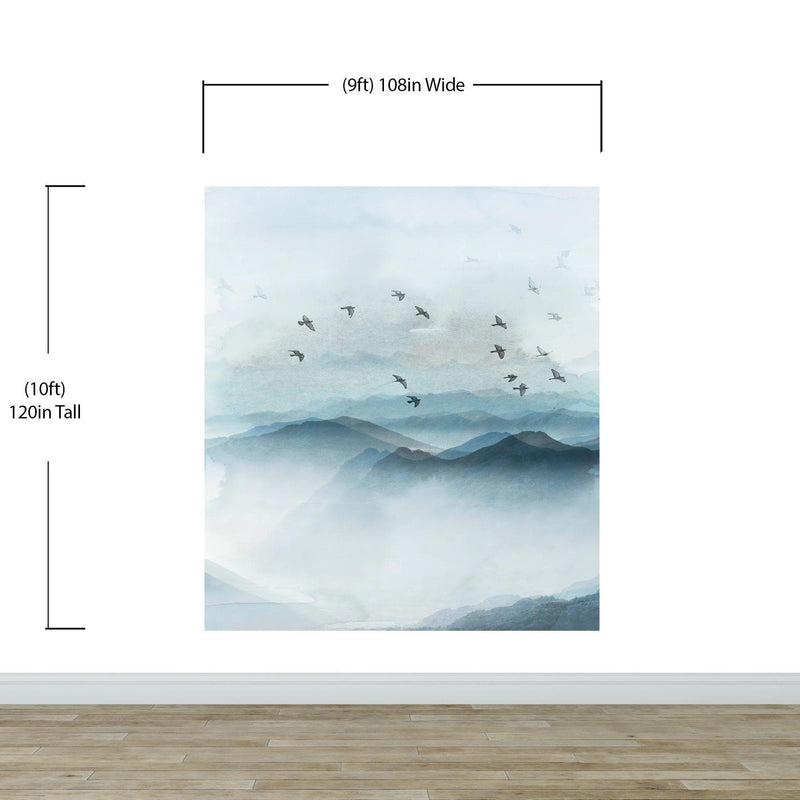 Birds Migrating Over Mountain Wall Mural. Asian Theme Peel and Stick Wallpaper.