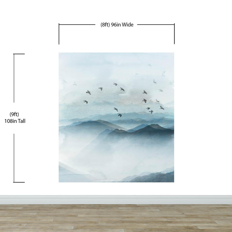 Birds Migrating Over Mountain Wall Mural. Asian Theme Peel and Stick Wallpaper.