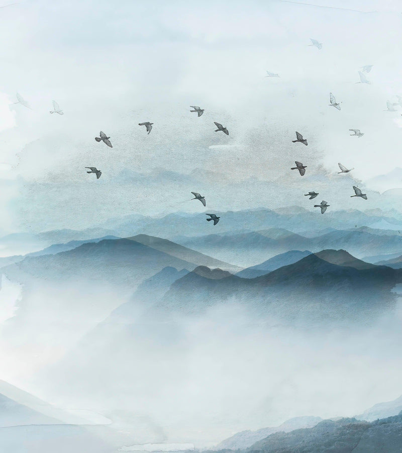 Birds Migrating Over Mountain Wall Mural. Asian Theme Peel and Stick Wallpaper.