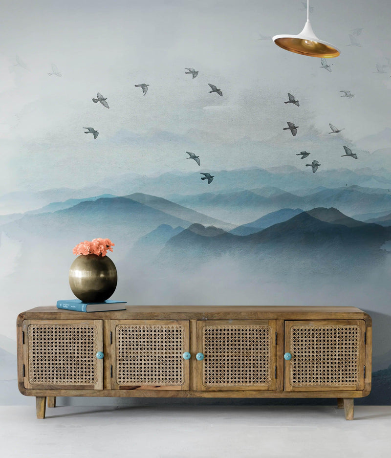 Birds Migrating Over Mountain Wall Mural. Asian Theme Peel and Stick Wallpaper.