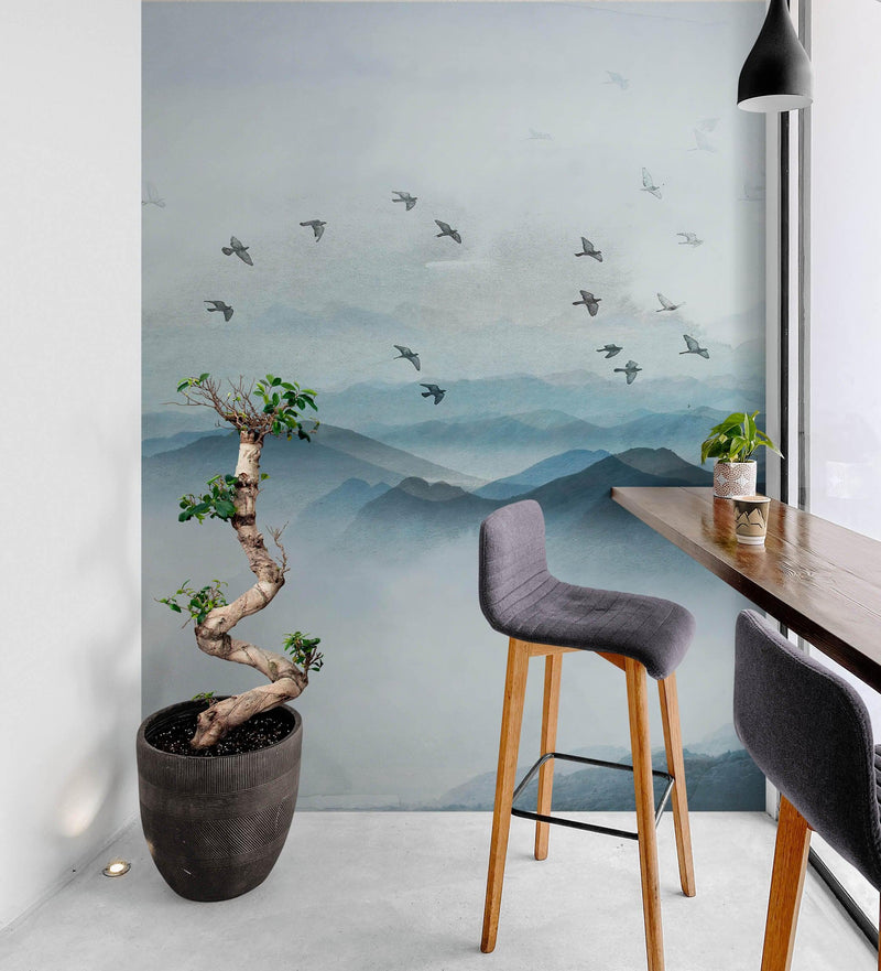 Birds Migrating Over Mountain Wall Mural. Asian Theme Peel and Stick Wallpaper.