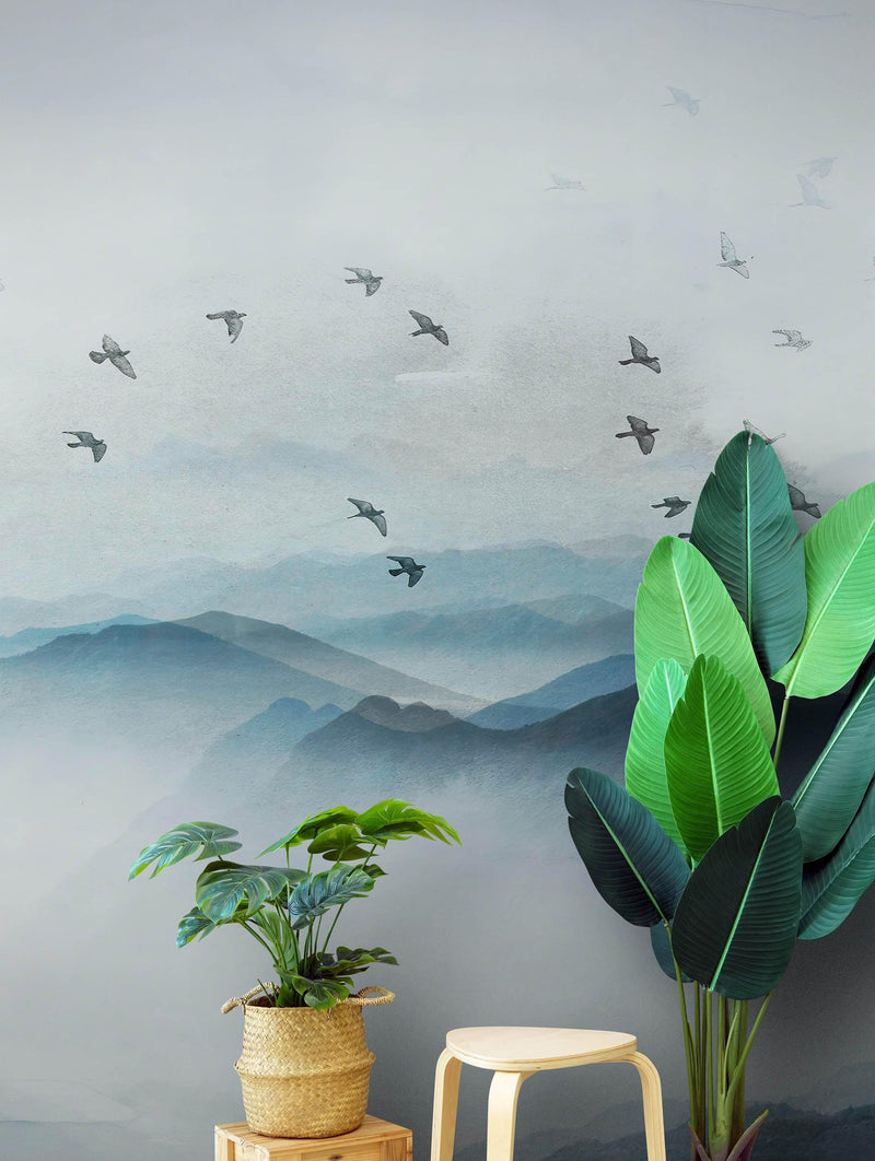 Birds Migrating Over Mountain Wall Mural. Asian Theme Peel and Stick Wallpaper.