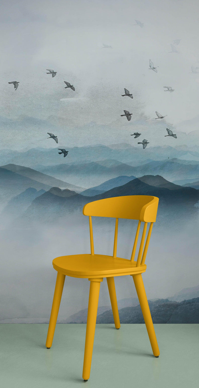 Birds Migrating Over Mountain Wall Mural. Asian Theme Peel and Stick Wallpaper.