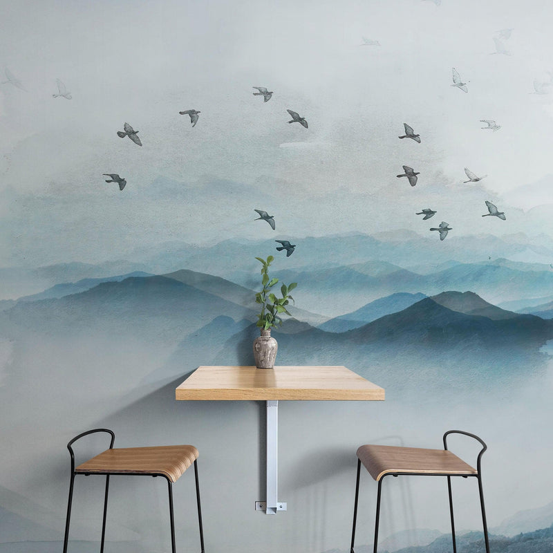 Birds Migrating Over Mountain Wall Mural. Asian Theme Peel and Stick Wallpaper.