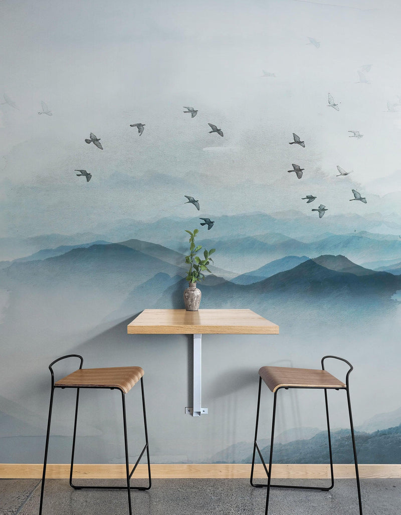 Birds Migrating Over Mountain Wall Mural. Asian Theme Peel and Stick Wallpaper.