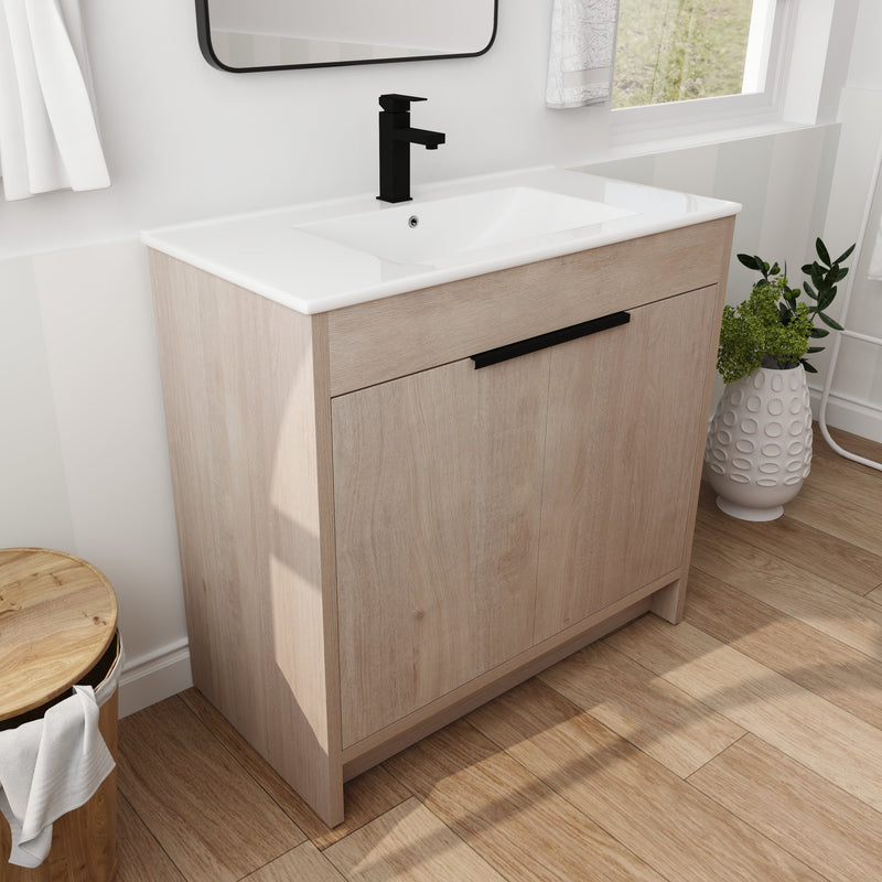 Walker Edison - 36 Inch Freestanding Bathroom Vanity with White Ceramic Sink & 2 Soft-Close Cabinet Doors