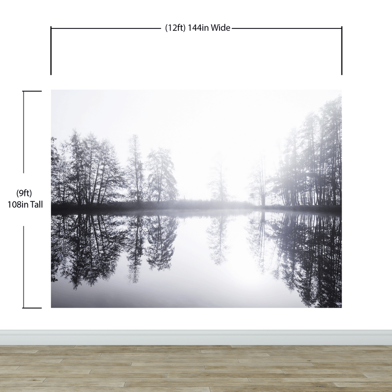 Foggy Woodland Wall Mural. Warm Grey Misty Forest Lakeview Peel and Stick Wallpaper.