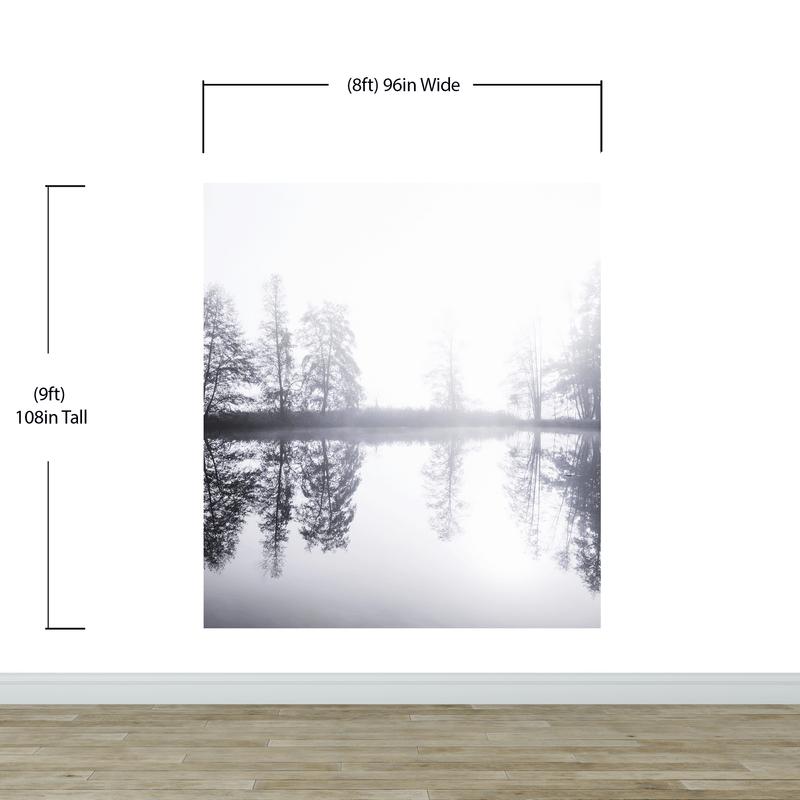 Foggy Woodland Wall Mural. Warm Grey Misty Forest Lakeview Peel and Stick Wallpaper.