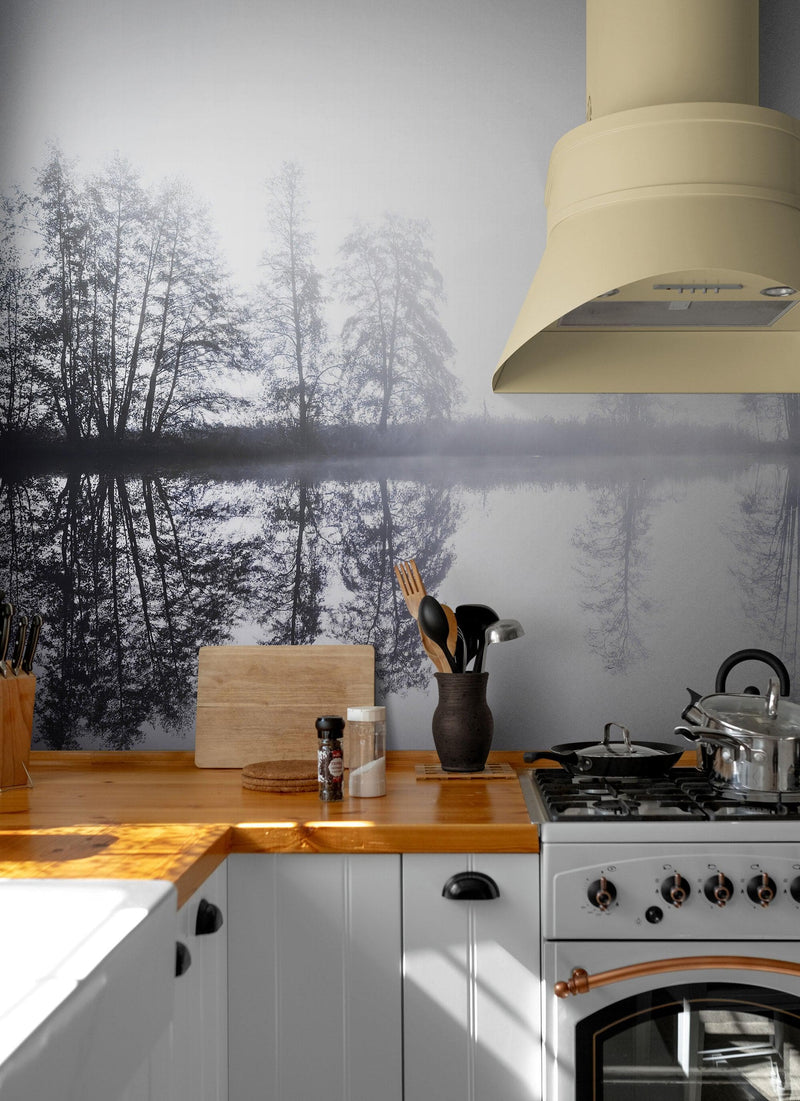 Foggy Woodland Wall Mural. Warm Grey Misty Forest Lakeview Peel and Stick Wallpaper.