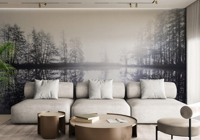 Foggy Woodland Wall Mural. Warm Grey Misty Forest Lakeview Peel and Stick Wallpaper.