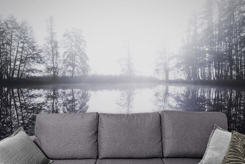 Foggy Woodland Wall Mural. Warm Grey Misty Forest Lakeview Peel and Stick Wallpaper.