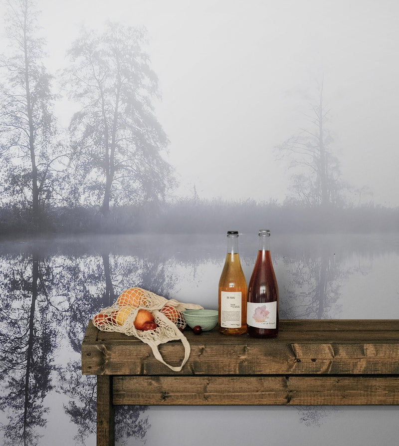 Foggy Woodland Wall Mural. Warm Grey Misty Forest Lakeview Peel and Stick Wallpaper.