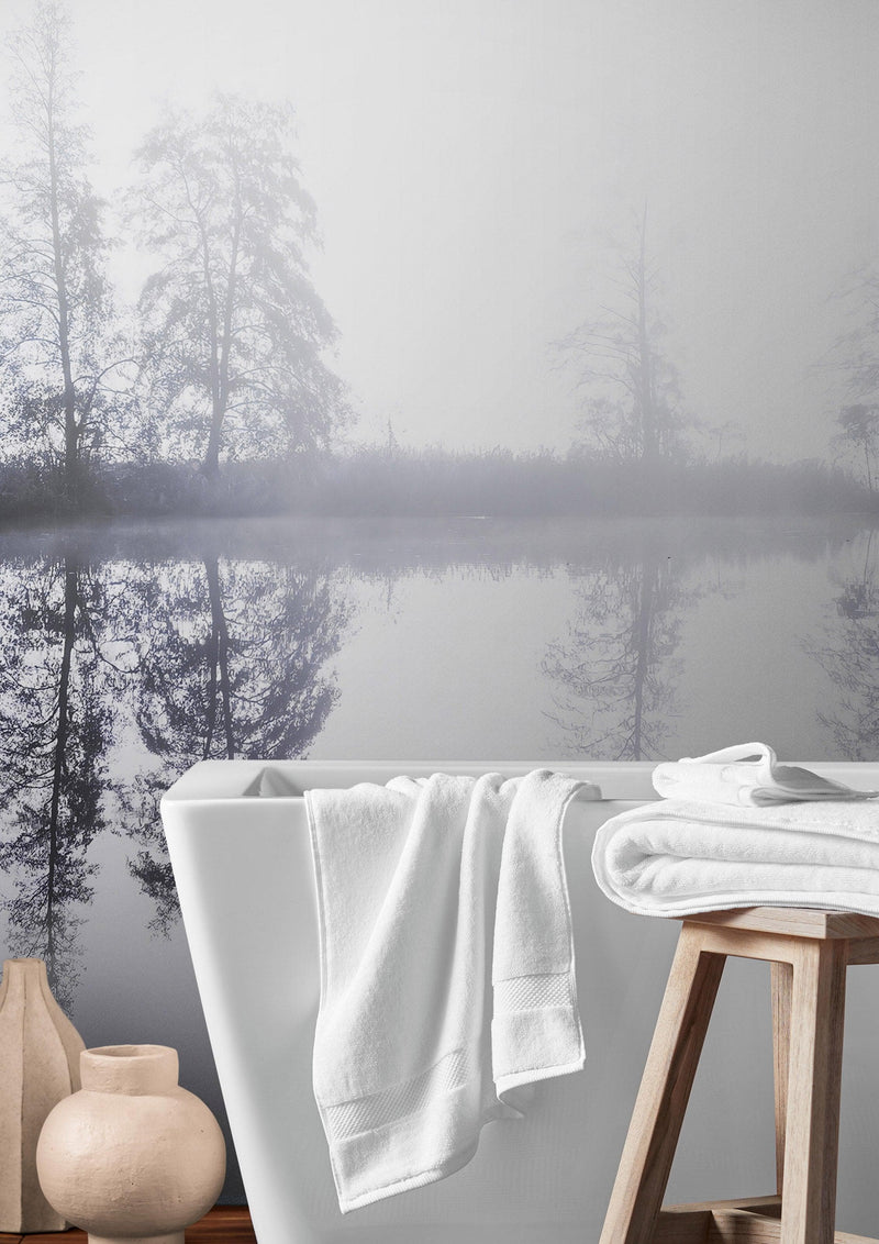 Foggy Woodland Wall Mural. Warm Grey Misty Forest Lakeview Peel and Stick Wallpaper.