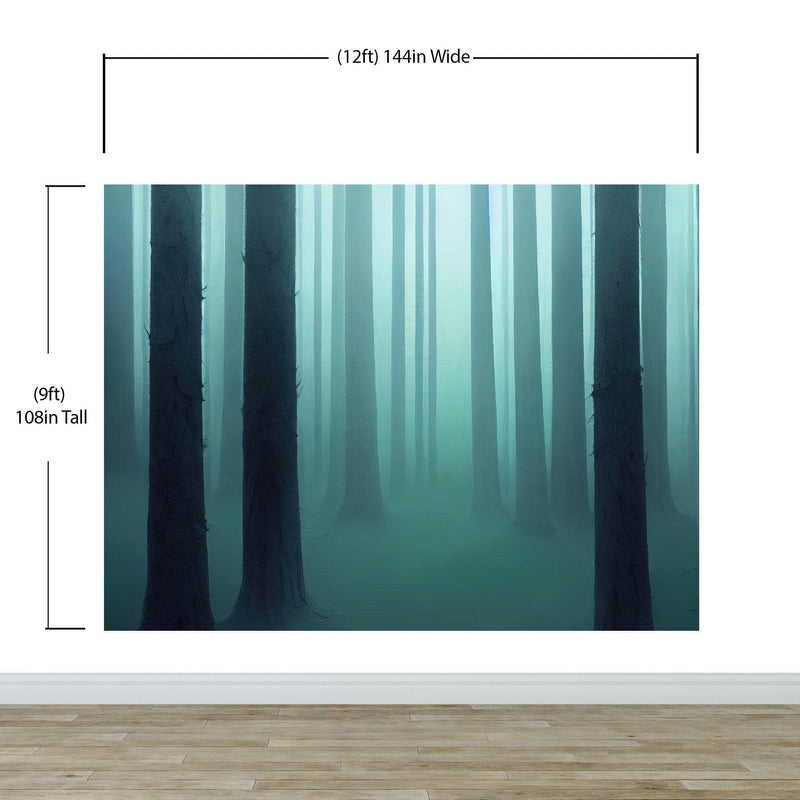 Foggy Forest Wall Mural. Emerald Green Mist Wallpaper.