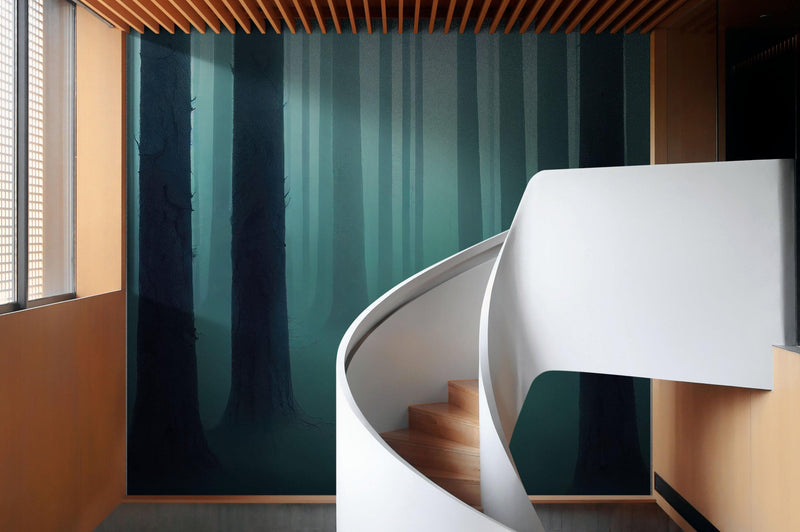 Foggy Forest Wall Mural. Emerald Green Mist Wallpaper.