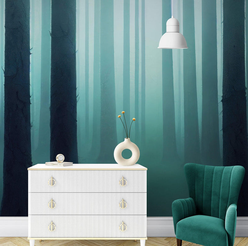 Foggy Forest Wall Mural. Emerald Green Mist Wallpaper.