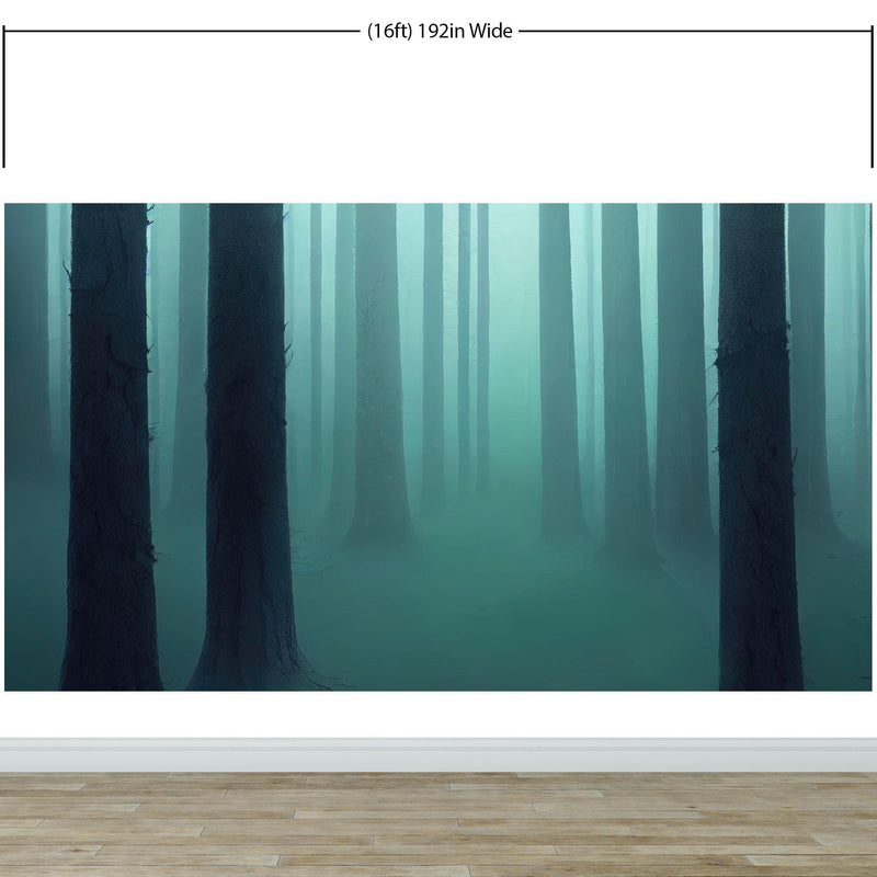 Foggy Forest Wall Mural. Emerald Green Mist Wallpaper.