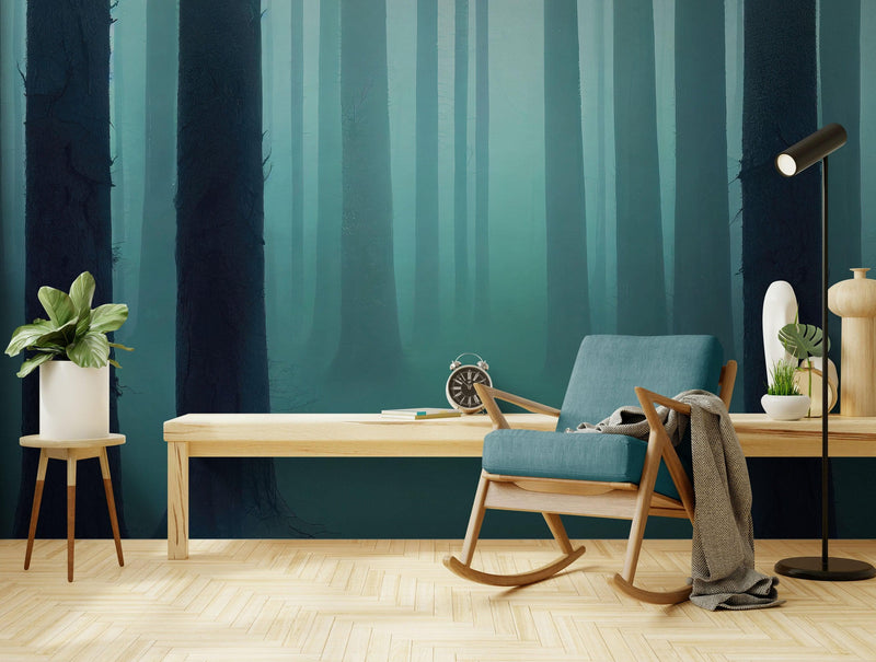 Foggy Forest Wall Mural. Emerald Green Mist Wallpaper.