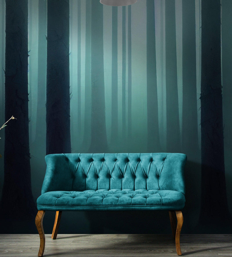 Foggy Forest Wall Mural. Emerald Green Mist Wallpaper.