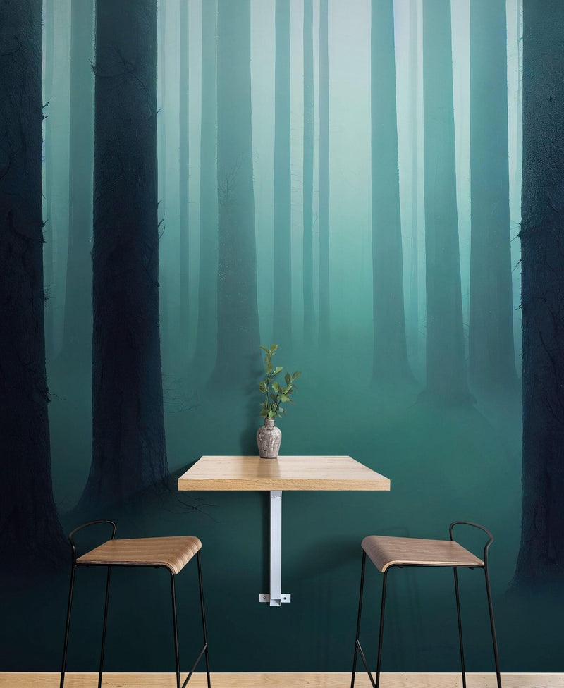 Foggy Forest Wall Mural. Emerald Green Mist Wallpaper.