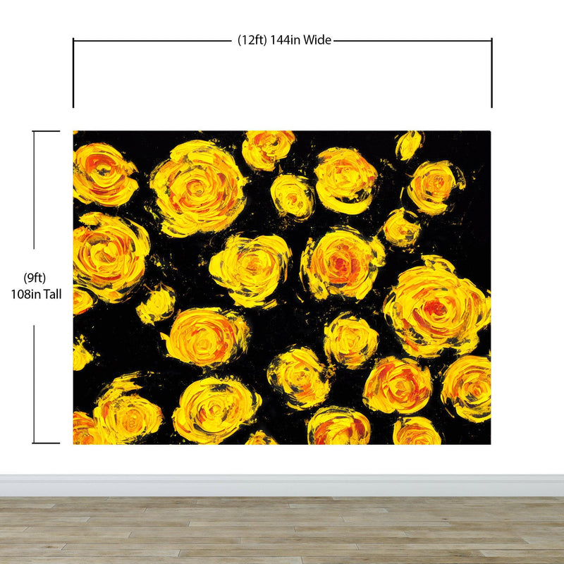 Flower Wallpaper Peel and Stick Wall Mural. Yellow Flowers on Black Background.