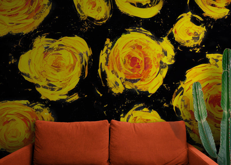 Flower Wallpaper Peel and Stick Wall Mural. Yellow Flowers on Black Background.