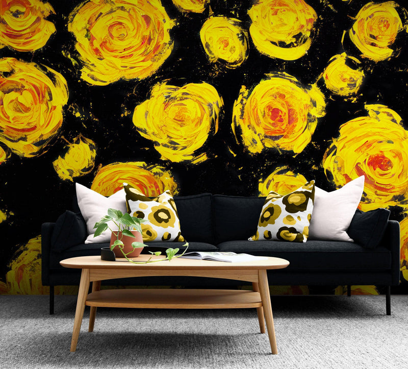 Flower Wallpaper Peel and Stick Wall Mural. Yellow Flowers on Black Background.