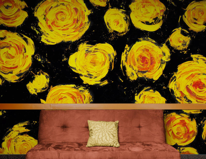 Flower Wallpaper Peel and Stick Wall Mural. Yellow Flowers on Black Background.