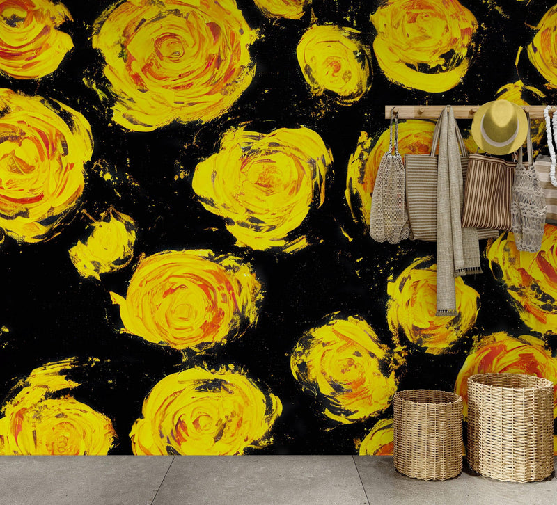 Flower Wallpaper Peel and Stick Wall Mural. Yellow Flowers on Black Background.